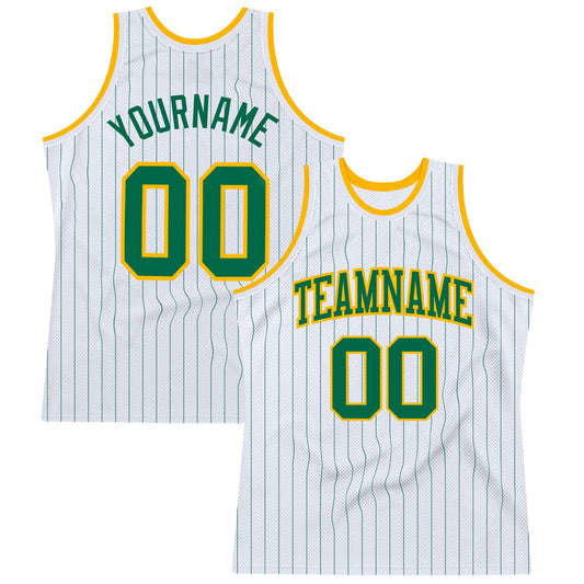 Custom White Kelly Green Pinstripe Kelly Green-Gold Authentic Basketball Jersey - Main View