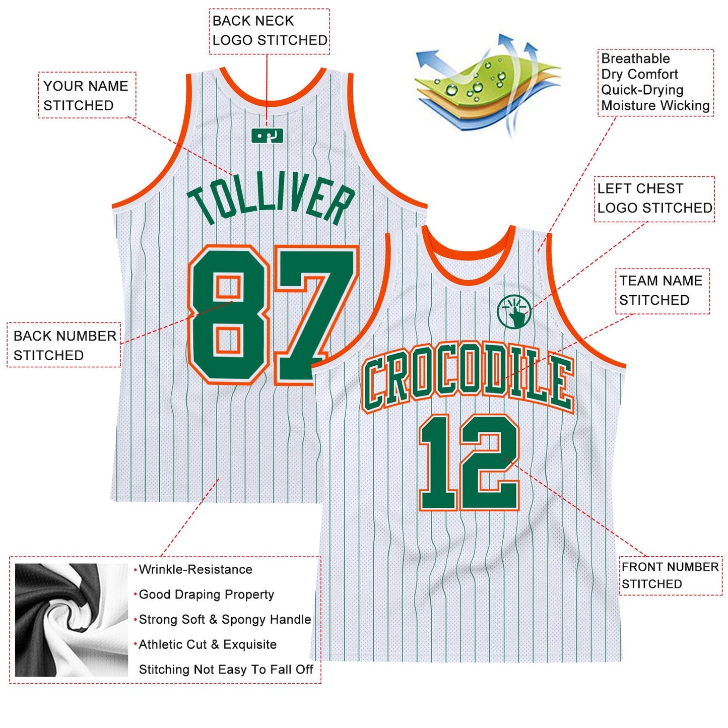 Custom White Kelly Green Pinstripe Kelly Green-Orange Authentic Basketball Jersey view 2