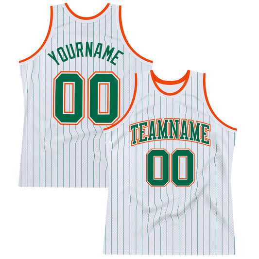Custom White Kelly Green Pinstripe Kelly Green-Orange Authentic Basketball Jersey - Main View