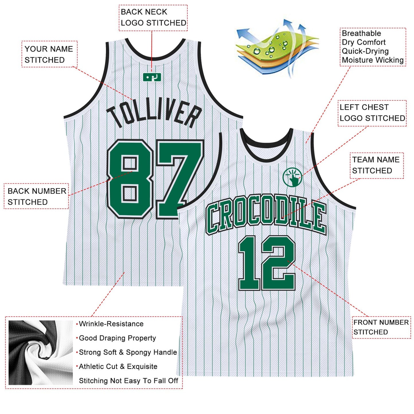 Custom White Kelly Green Pinstripe Kelly Green-Black Authentic Basketball Jersey view 2