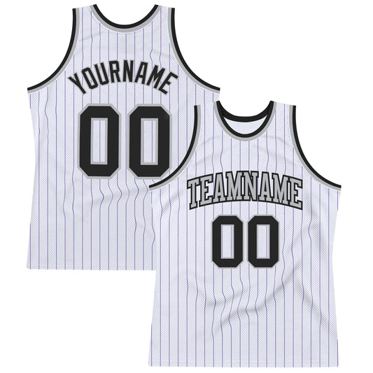 Custom White Purple Pinstripe Black-Gray Authentic Basketball Jersey - Main View
