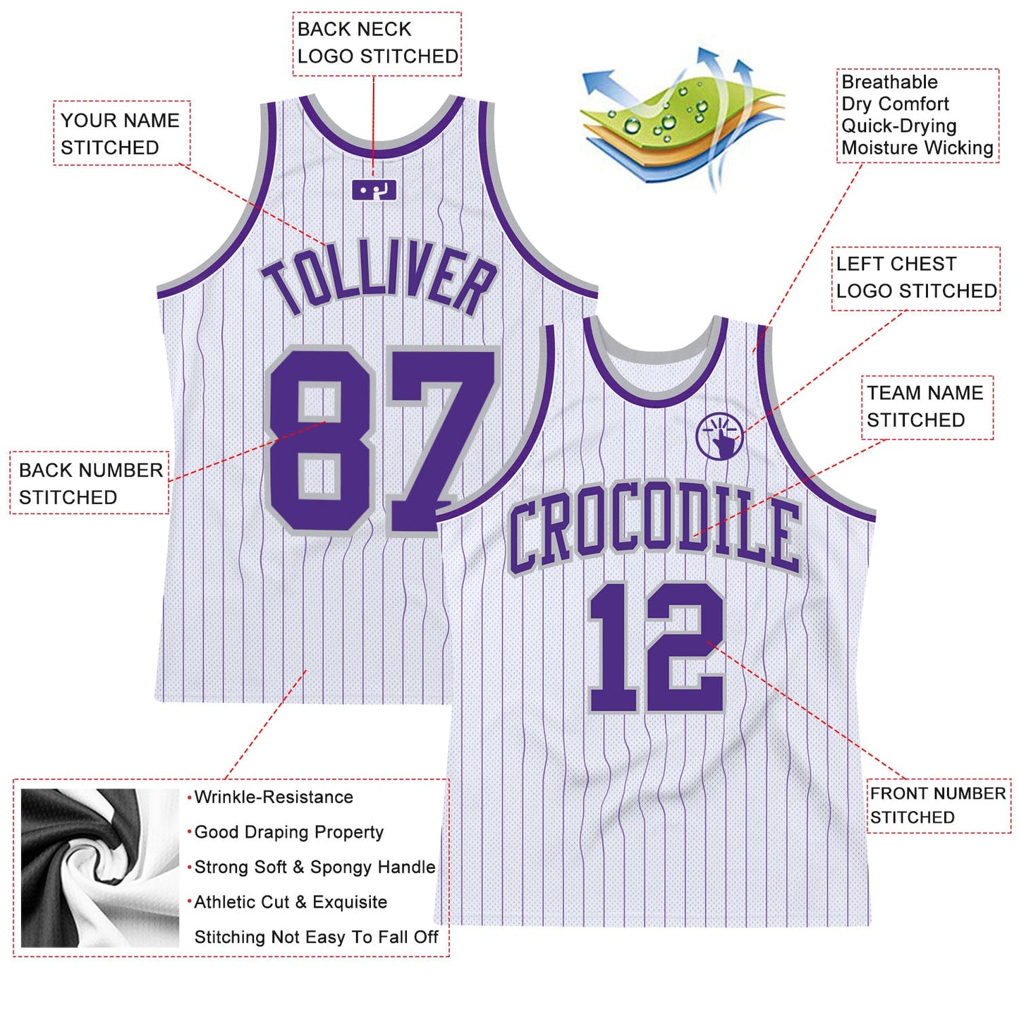 Custom White Purple Pinstripe Purple-Gray Authentic Basketball Jersey view 2
