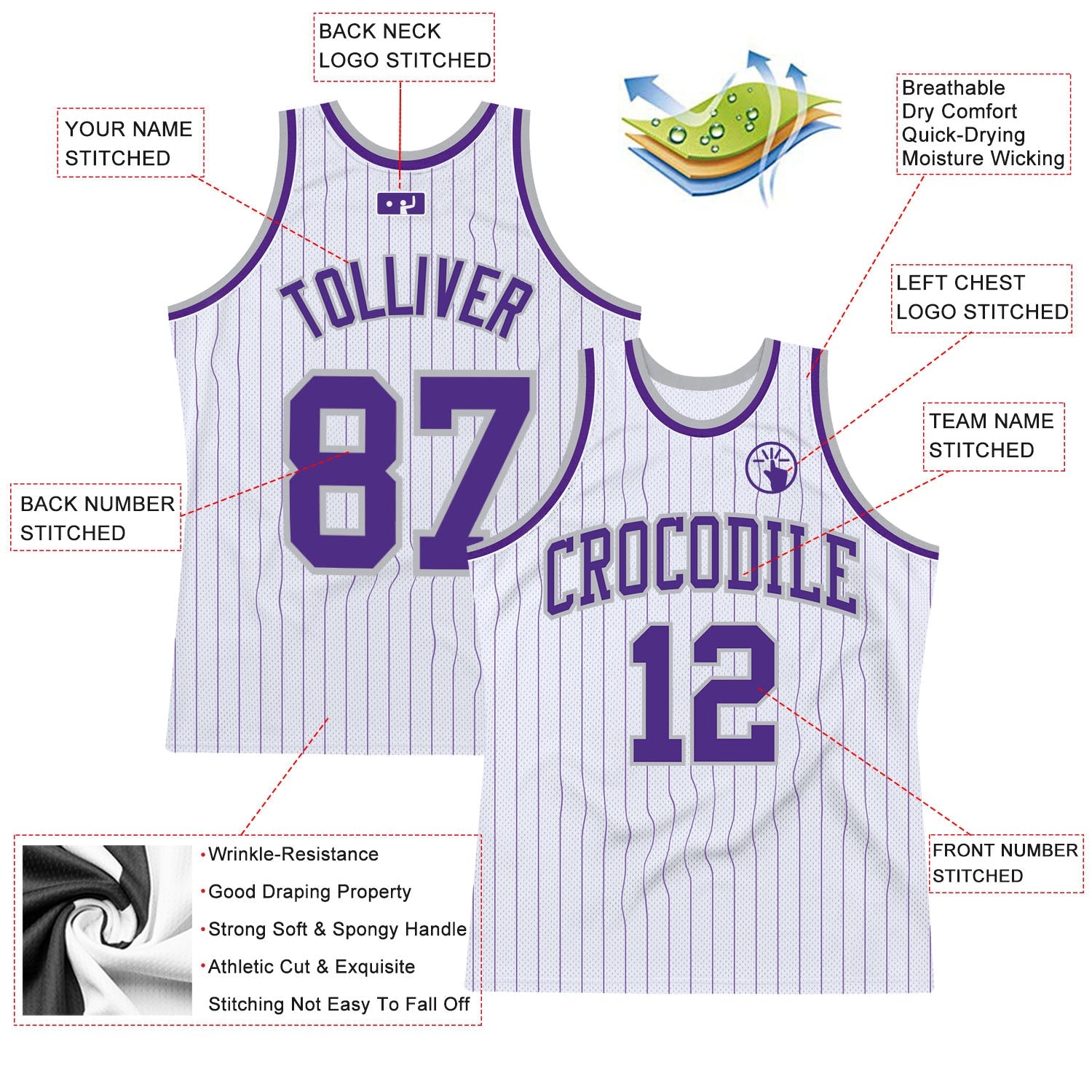 Custom White Purple Pinstripe Purple-Gray Authentic Basketball Jersey view 2