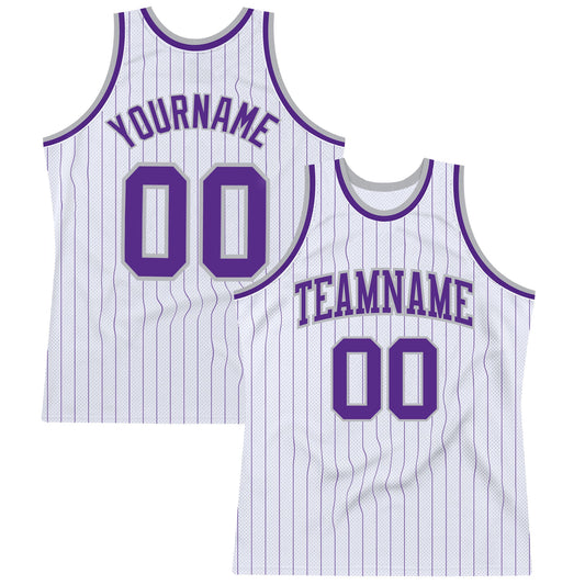 Custom White Purple Pinstripe Purple-Gray Authentic Basketball Jersey - Main View