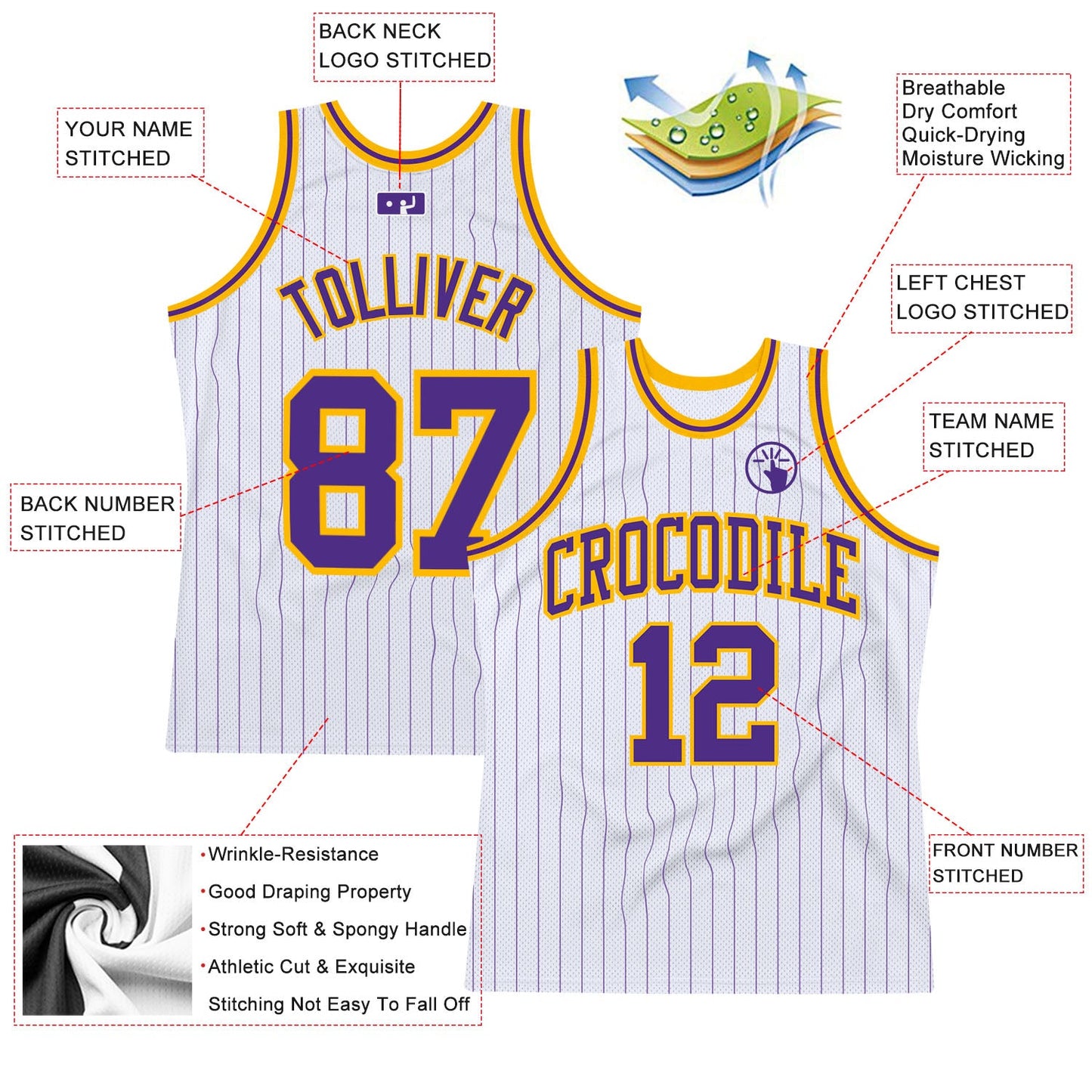Custom White Purple Pinstripe Purple-Gold Authentic Basketball Jersey view 2