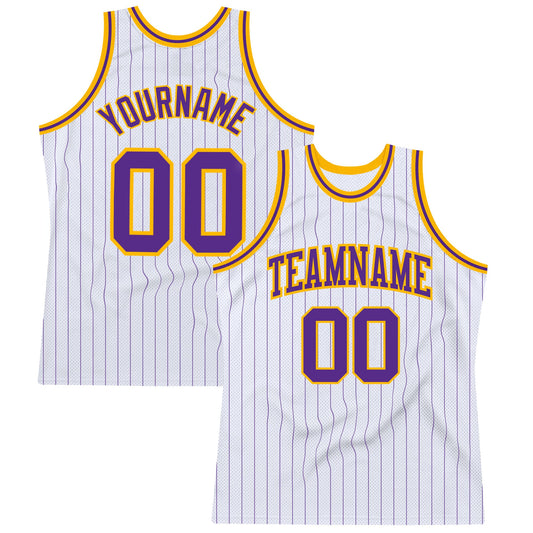 Custom White Purple Pinstripe Purple-Gold Authentic Basketball Jersey - Main View
