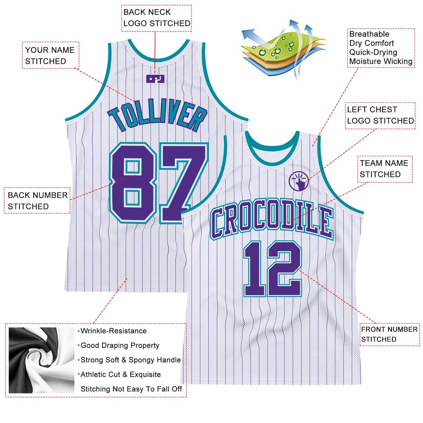 Custom White Purple Pinstripe Purple-Teal Authentic Basketball Jersey view 2