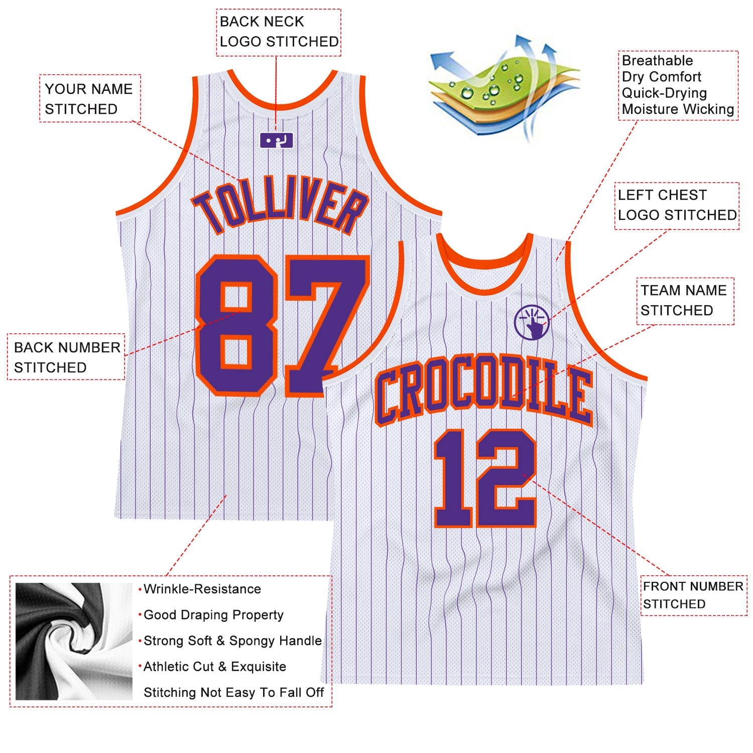 Custom White Purple Pinstripe Purple-Orange Authentic Basketball Jersey view 2