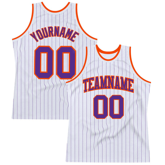 Custom White Purple Pinstripe Purple-Orange Authentic Basketball Jersey - Main View
