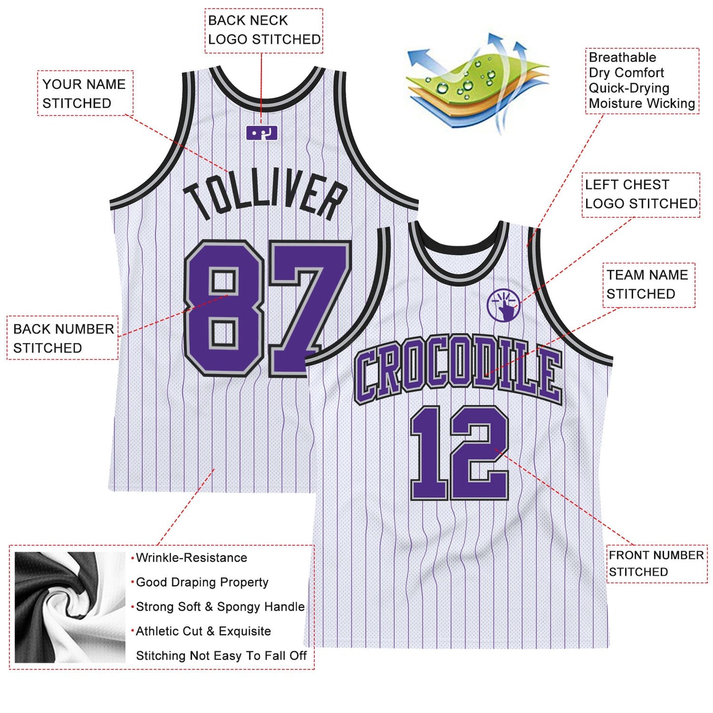Custom White Purple Pinstripe Purple Gray-Black Authentic Basketball Jersey view 2