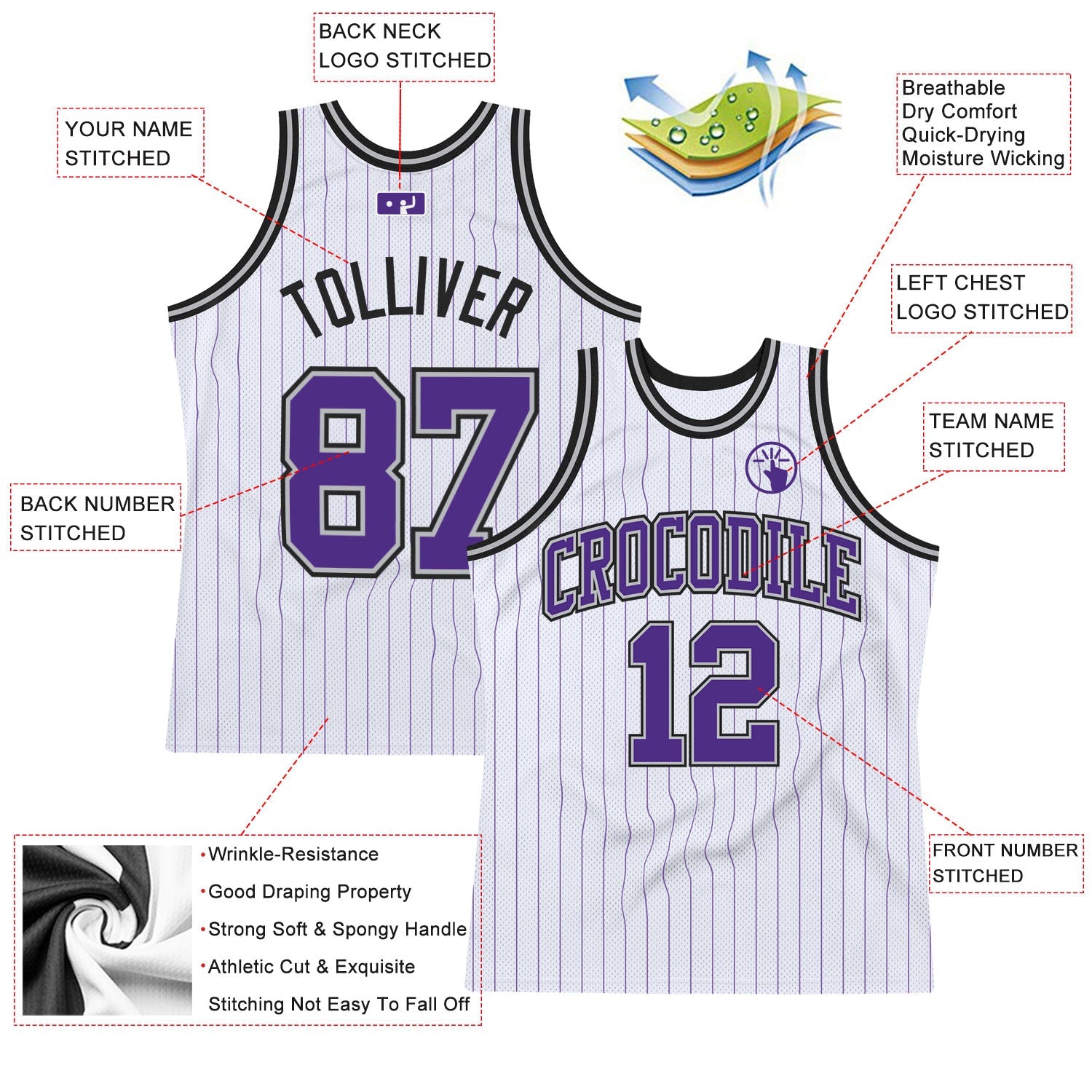 Custom White Purple Pinstripe Purple Gray-Black Authentic Basketball Jersey view 2