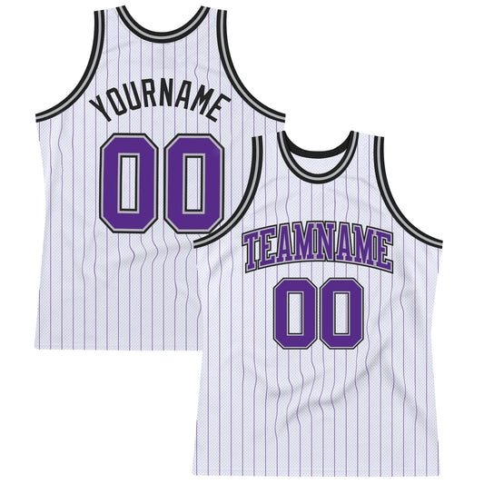 Custom White Purple Pinstripe Purple Gray-Black Authentic Basketball Jersey - Main View