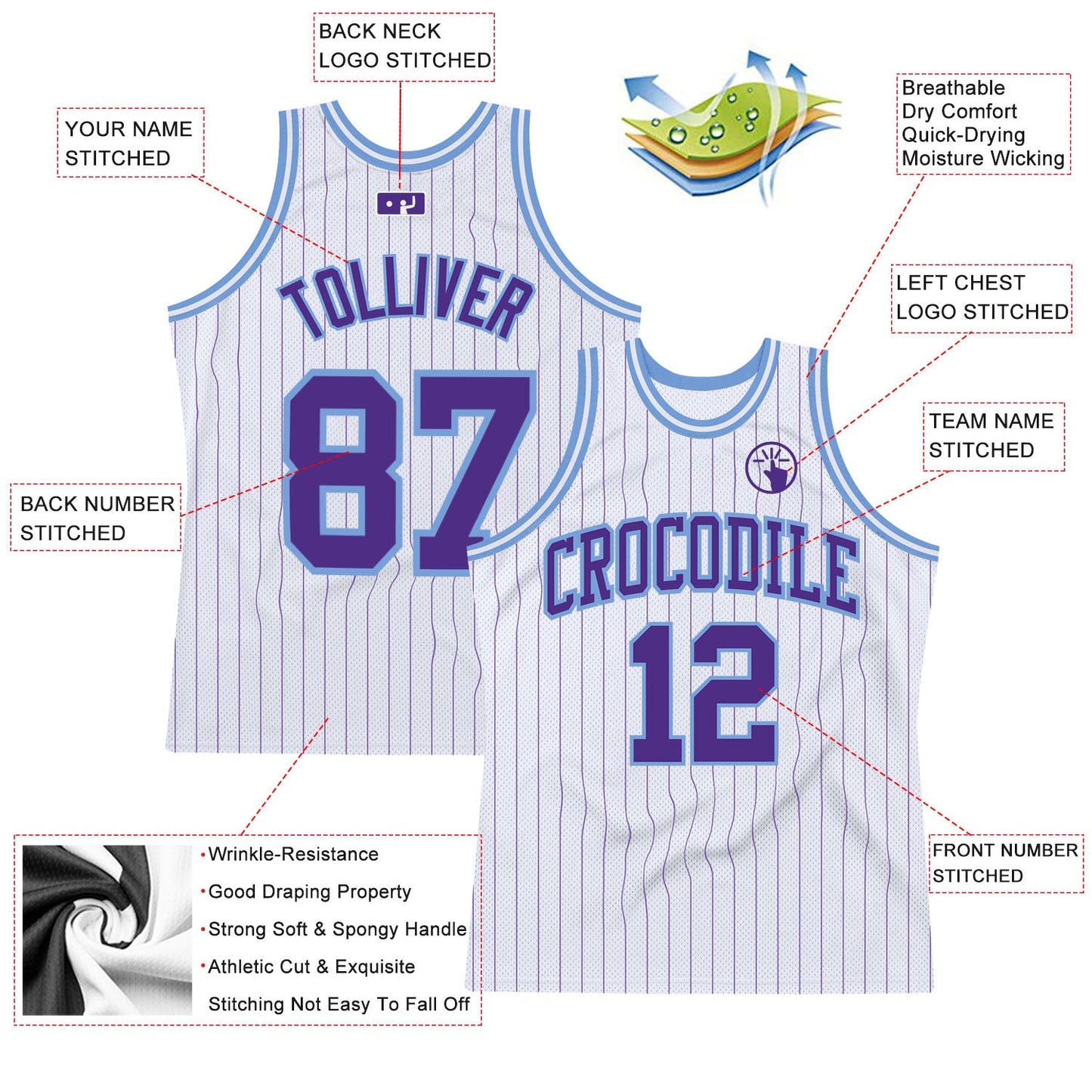 Custom White Purple Pinstripe Purple-Light Blue Authentic Basketball Jersey view 2