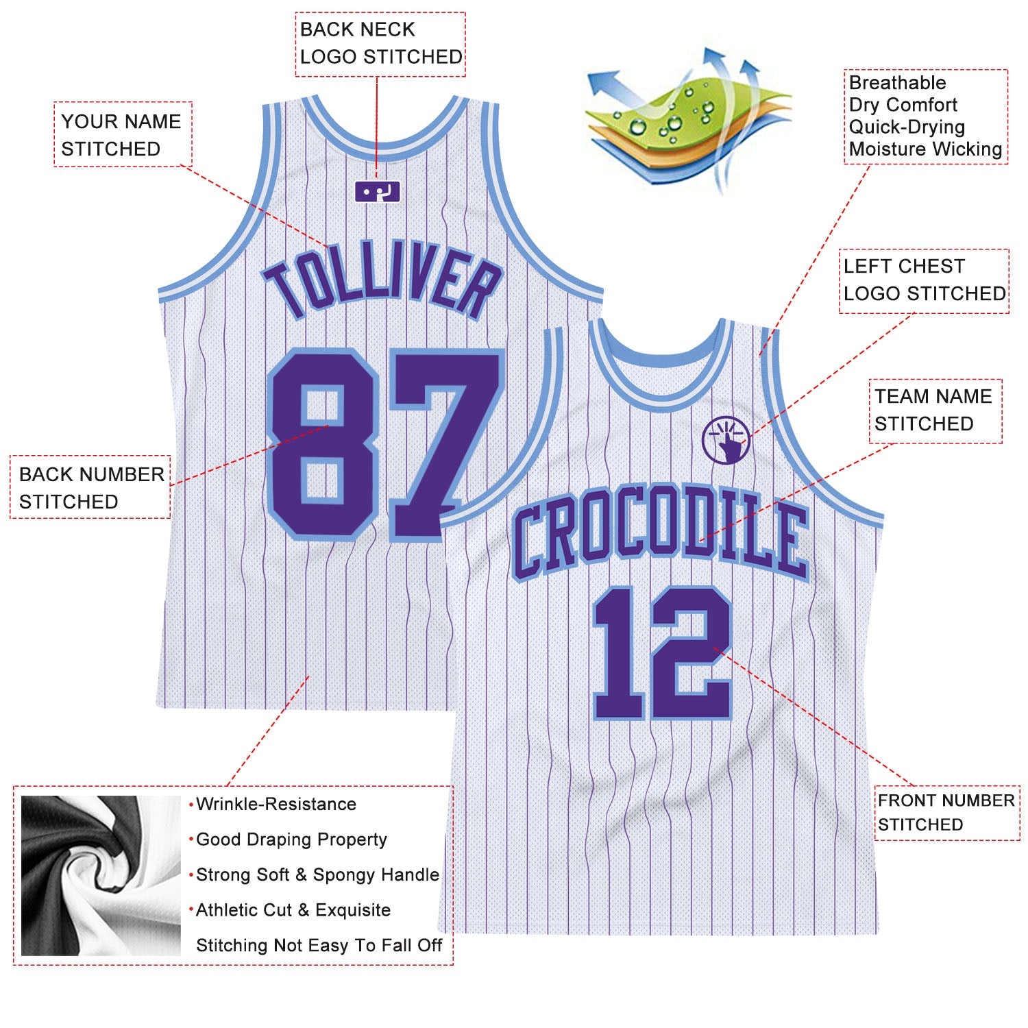 Custom White Purple Pinstripe Purple-Light Blue Authentic Basketball Jersey view 2