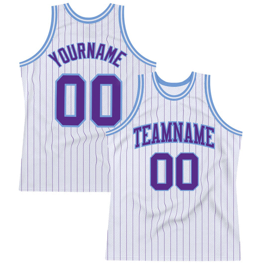 Custom White Purple Pinstripe Purple-Light Blue Authentic Basketball Jersey - Main View