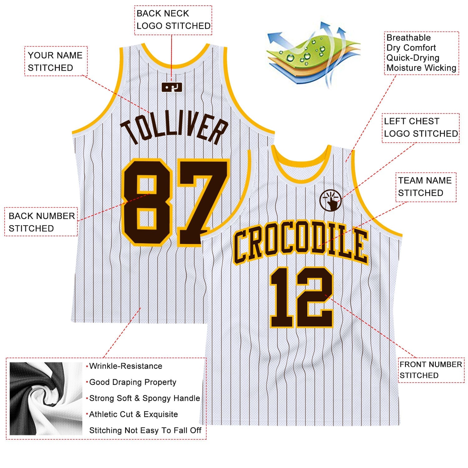 Custom White Brown Pinstripe Brown-Gold Authentic Basketball Jersey view 2