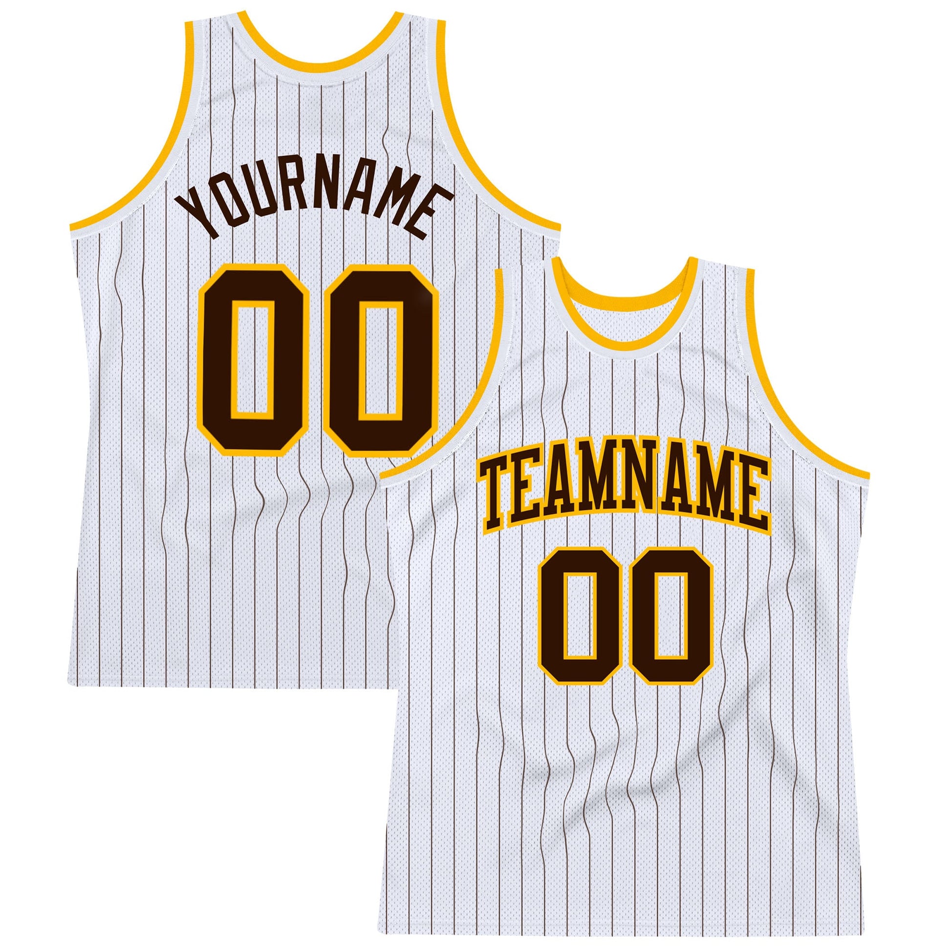 Custom White Brown Pinstripe Brown-Gold Authentic Basketball Jersey - Main View