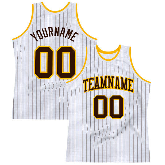 Custom White Brown Pinstripe Brown-Gold Authentic Basketball Jersey - Main View