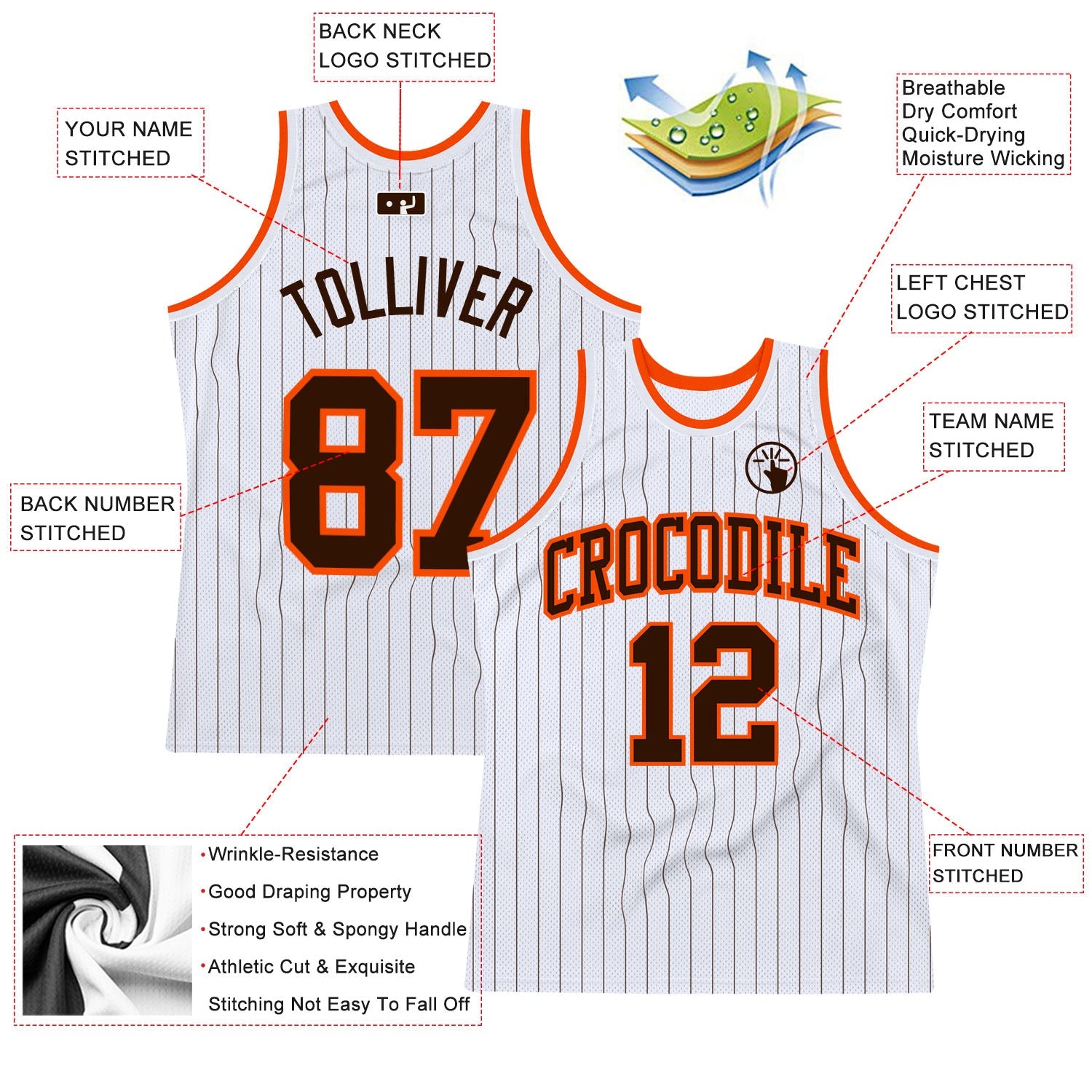 Custom White Brown Pinstripe Brown-Orange Authentic Basketball Jersey view 2