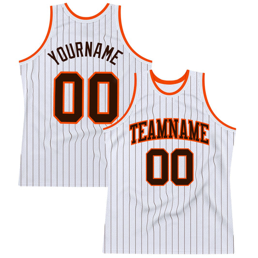 Custom White Brown Pinstripe Brown-Orange Authentic Basketball Jersey - Main View