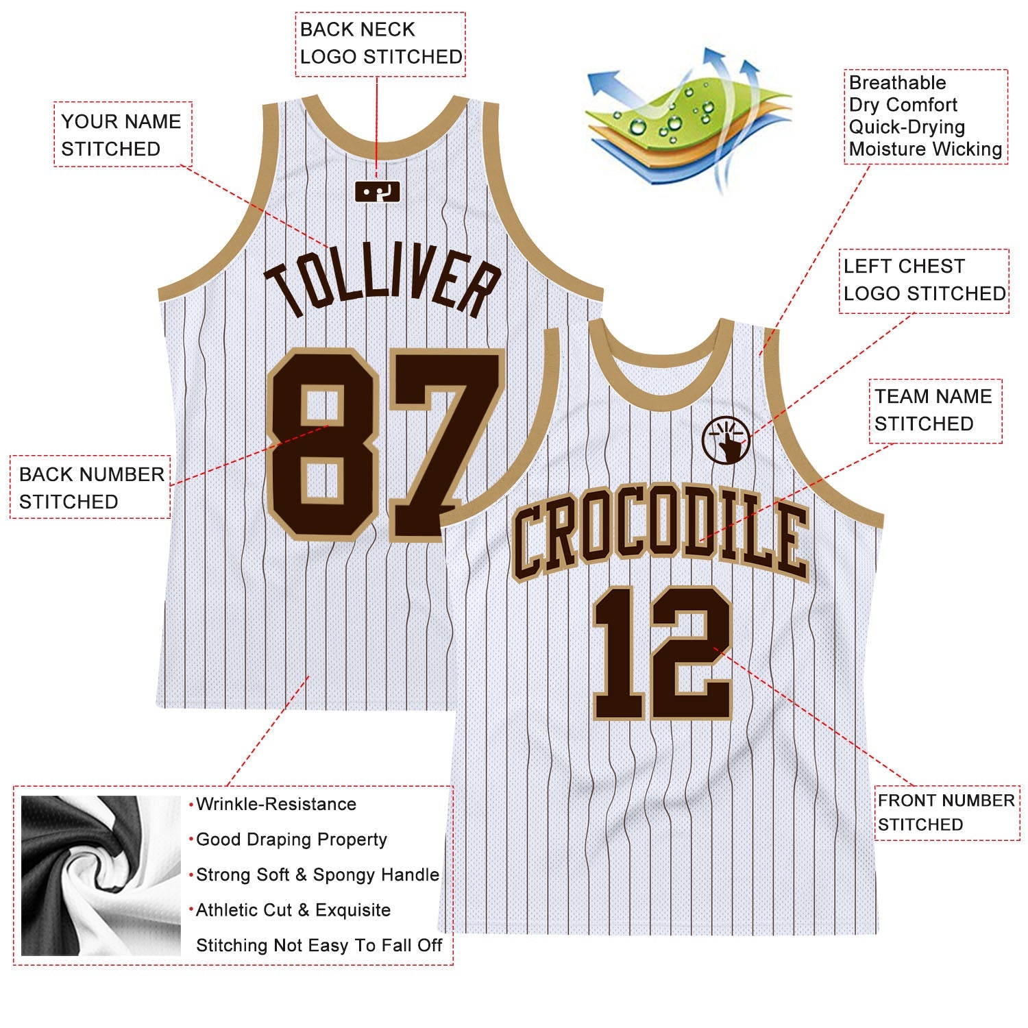 Custom White Brown Pinstripe Brown-Old Gold Authentic Basketball Jersey view 2