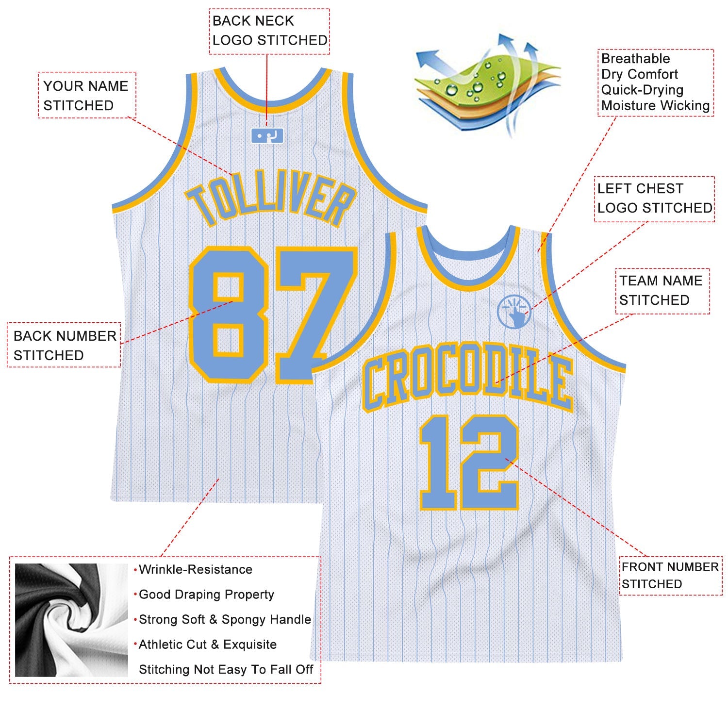 Custom White Light Blue Pinstripe Light Blue-Gold Authentic Basketball Jersey view 2