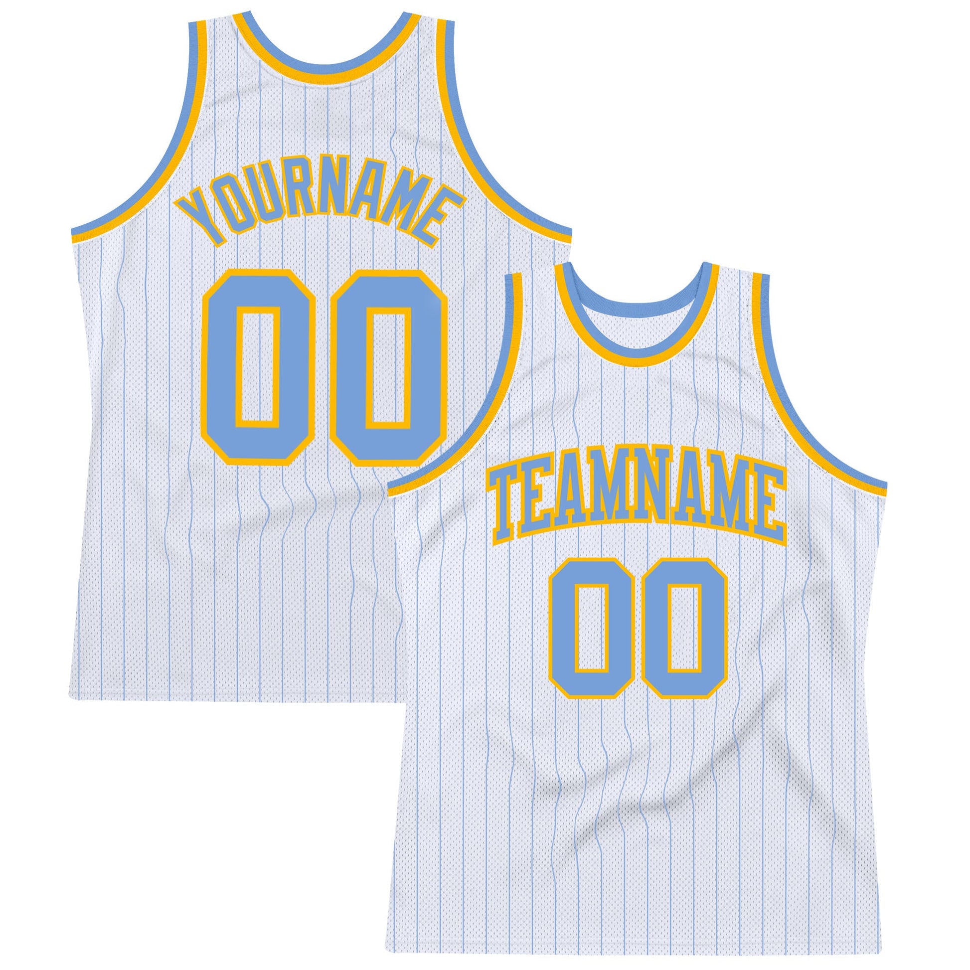 Custom White Light Blue Pinstripe Light Blue-Gold Authentic Basketball Jersey - Main View