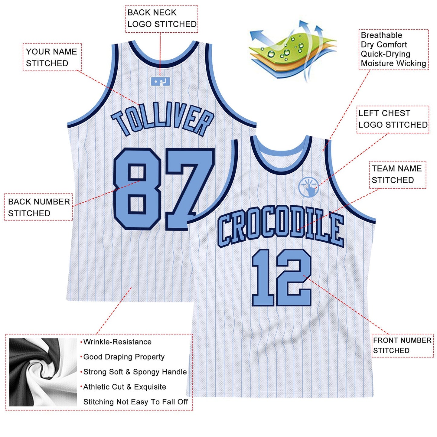 Custom White Light Blue Pinstripe Light Blue-Navy Authentic Basketball Jersey view 2