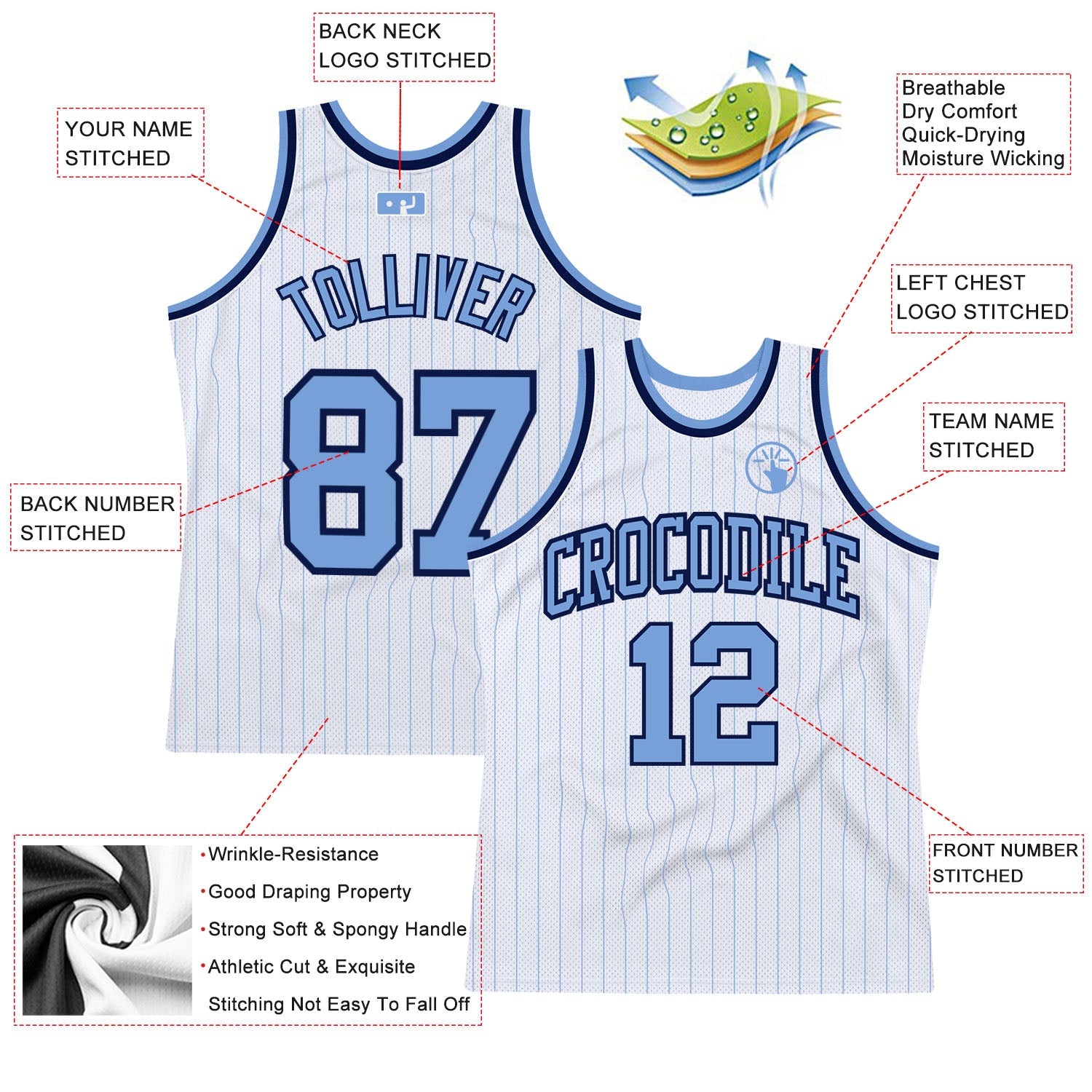 Custom White Light Blue Pinstripe Light Blue-Navy Authentic Basketball Jersey view 2