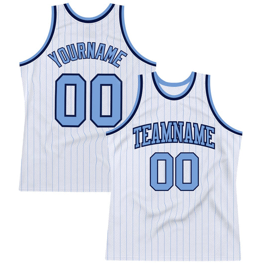 Custom White Light Blue Pinstripe Light Blue-Navy Authentic Basketball Jersey - Main View