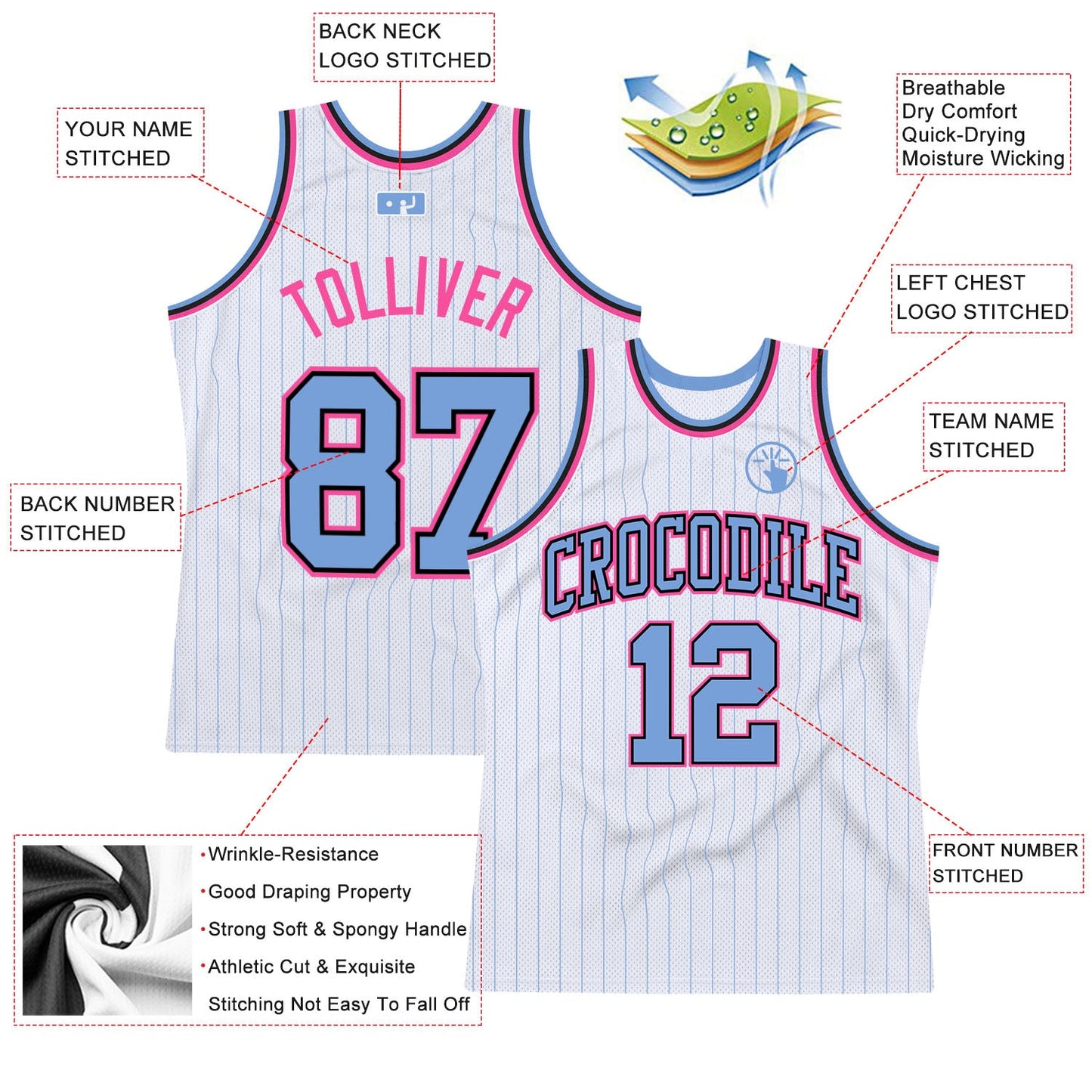 Custom White Light Blue Pinstripe Light Blue Black-Pink Authentic Basketball Jersey view 2