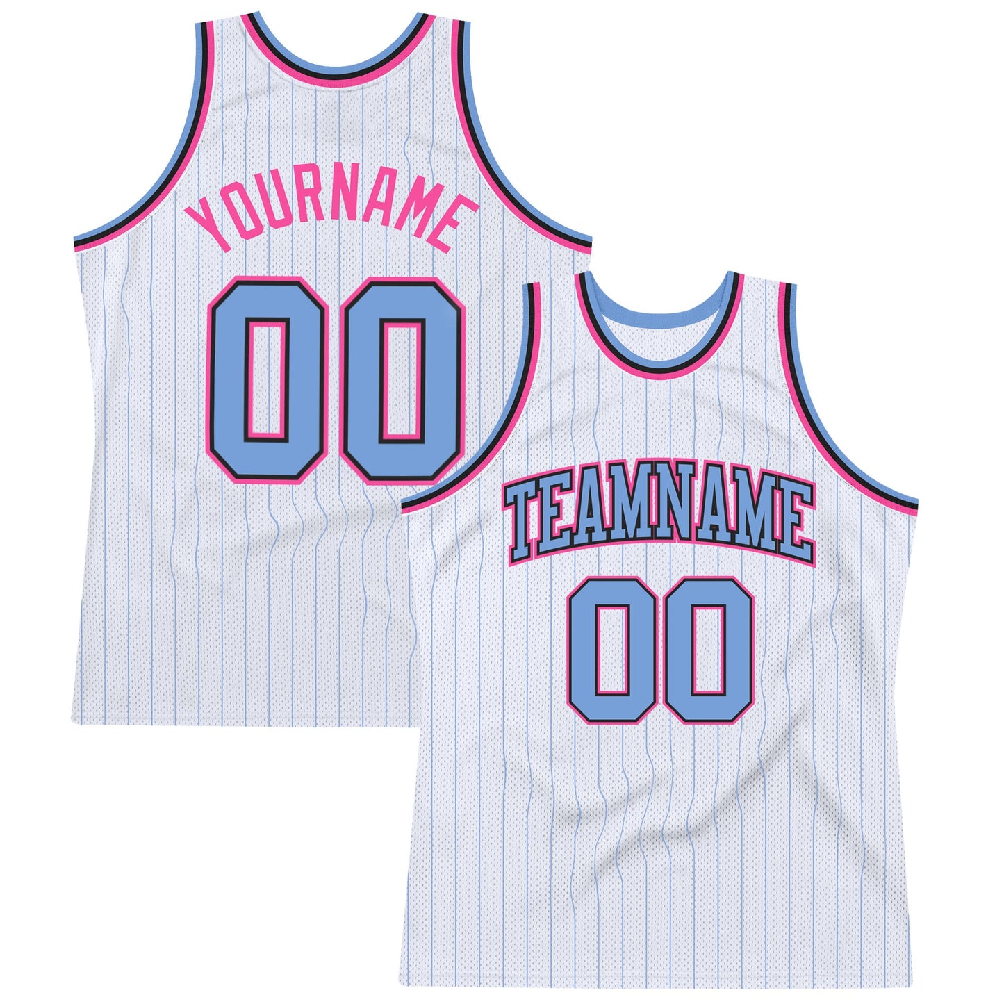 Custom White Light Blue Pinstripe Light Blue Black-Pink Authentic Basketball Jersey - Main View