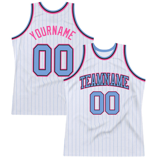 Custom White Light Blue Pinstripe Light Blue Black-Pink Authentic Basketball Jersey - Main View