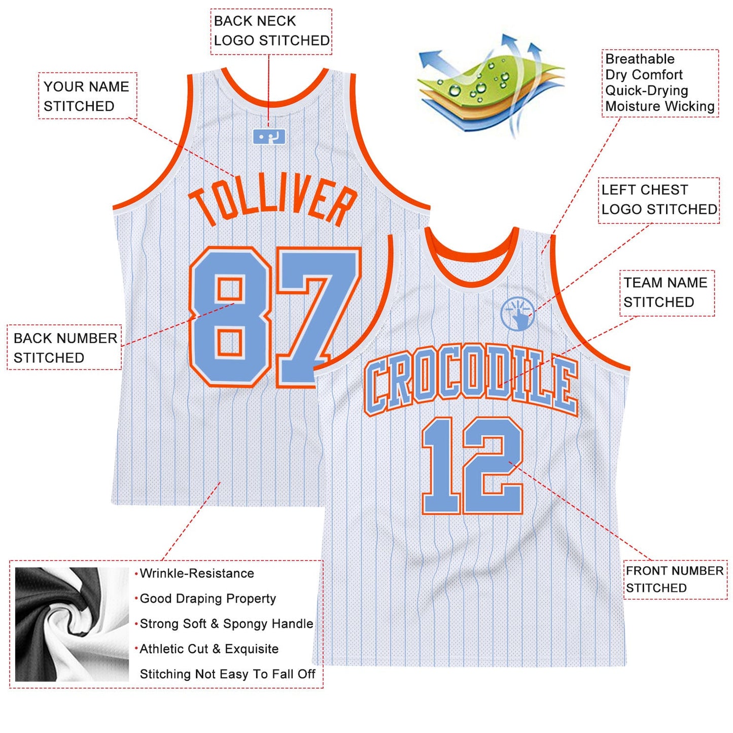 Custom White Light Blue Pinstripe Light Blue-Orange Authentic Basketball Jersey view 2