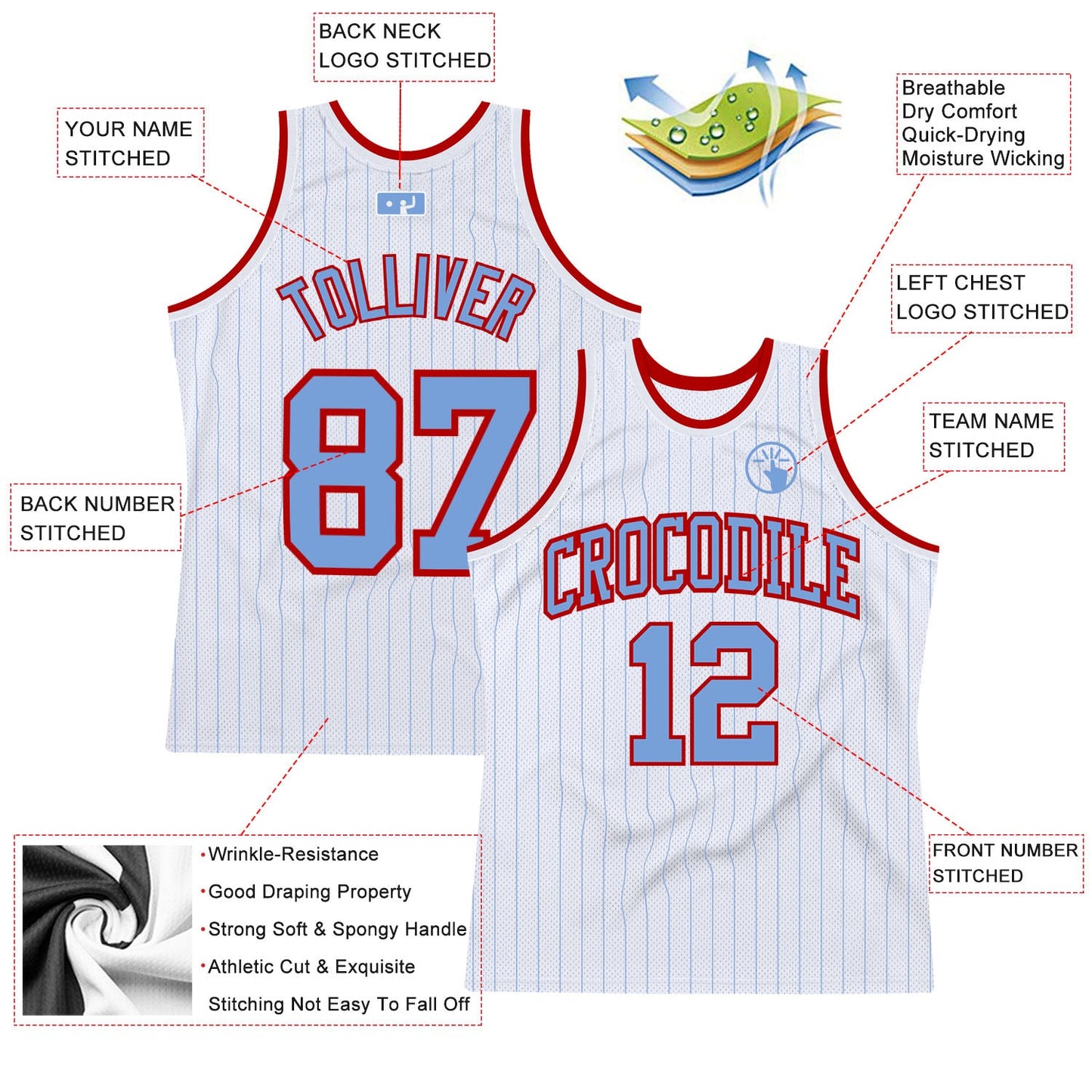 Custom White Light Blue Pinstripe Light Blue-Red Authentic Basketball Jersey view 2
