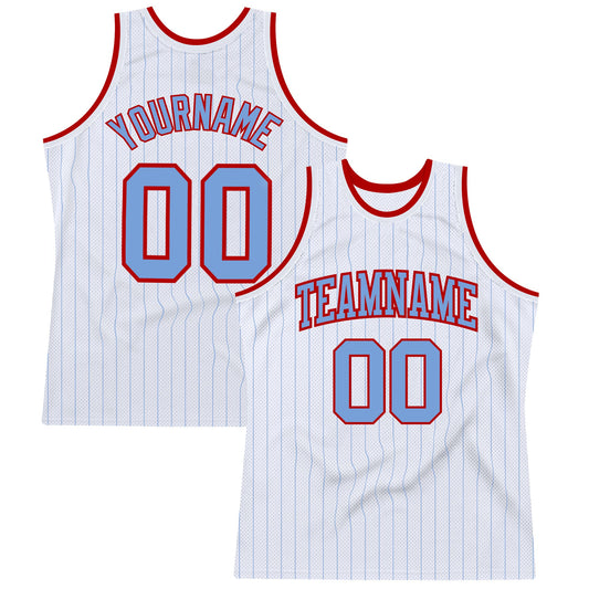 Custom White Light Blue Pinstripe Light Blue-Red Authentic Basketball Jersey - Main View