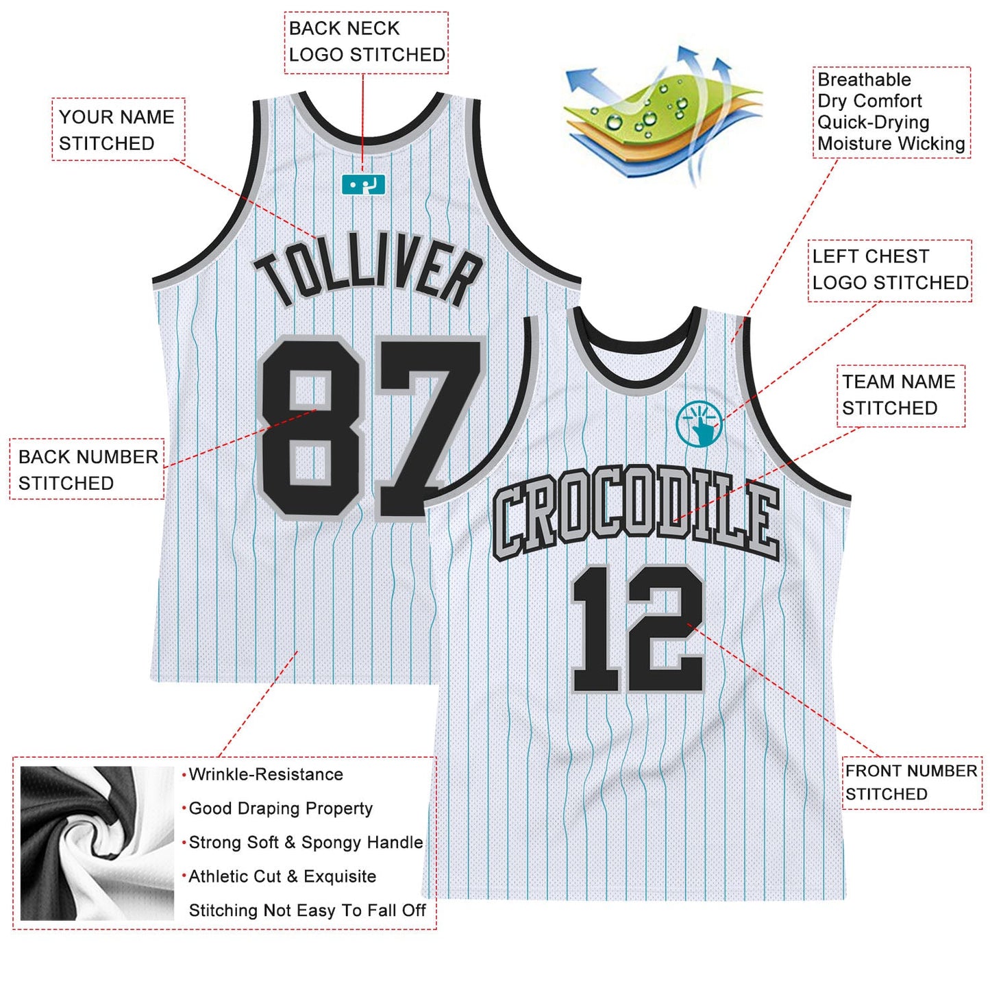Custom White Teal Pinstripe Black-Gray Authentic Basketball Jersey view 2