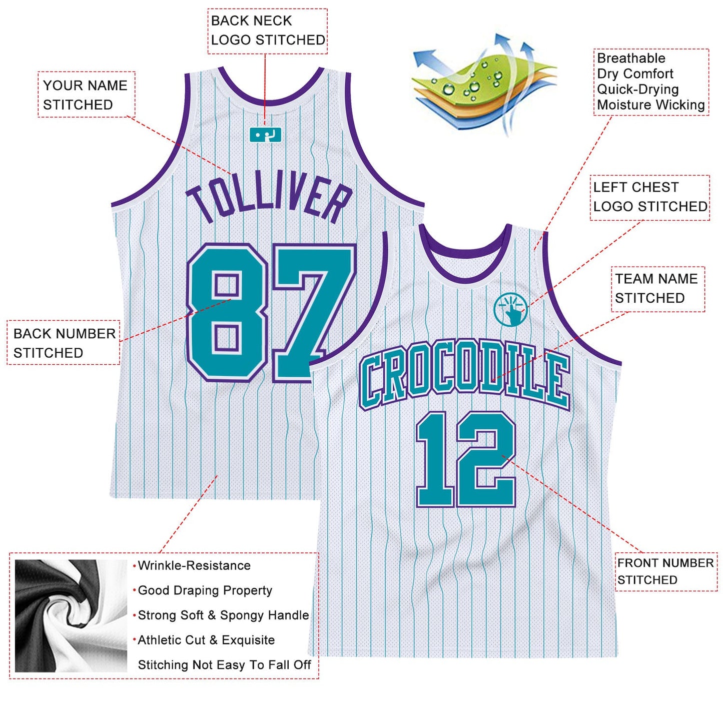 Custom White Teal Pinstripe Teal-Purple Authentic Basketball Jersey view 2