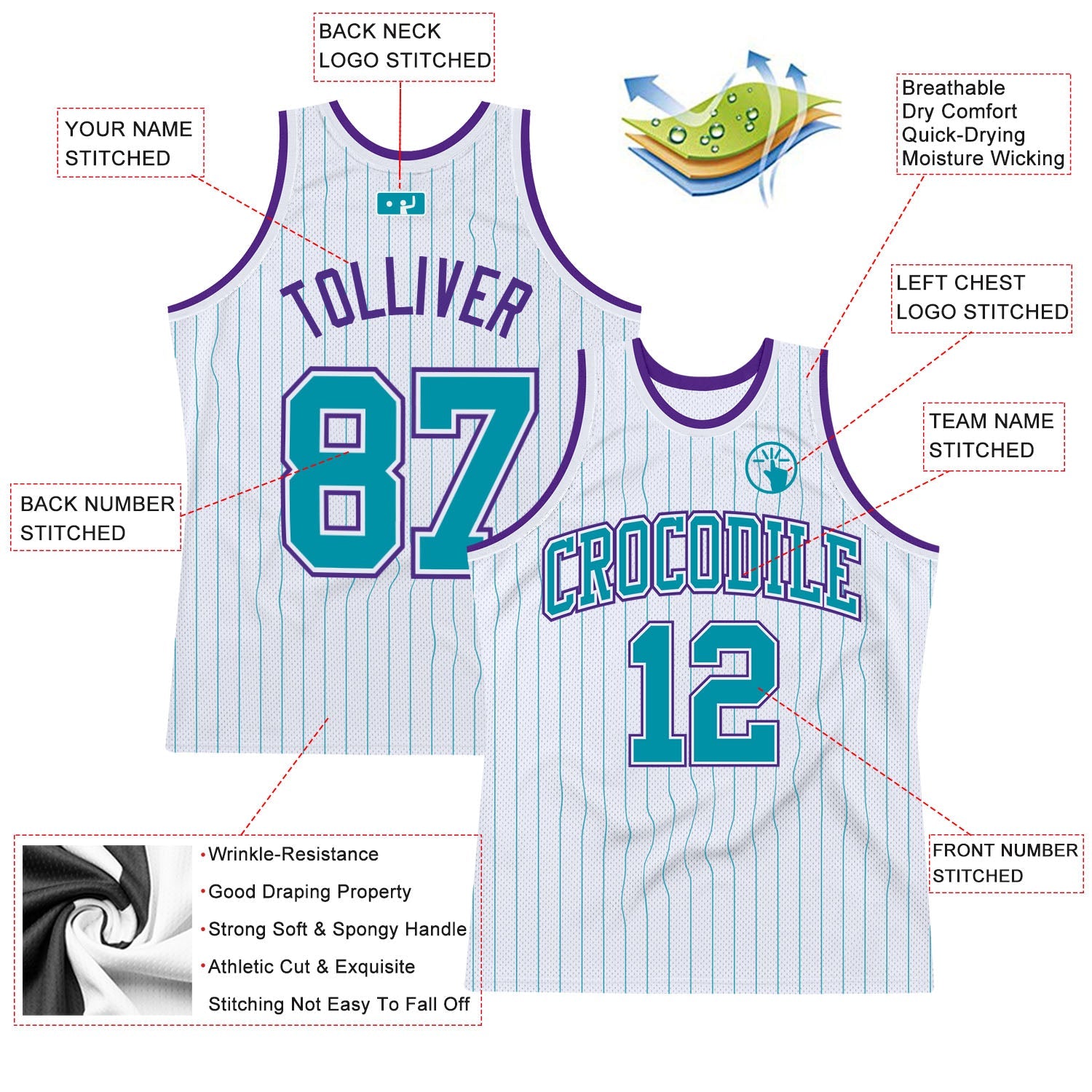 Custom White Teal Pinstripe Teal-Purple Authentic Basketball Jersey view 2
