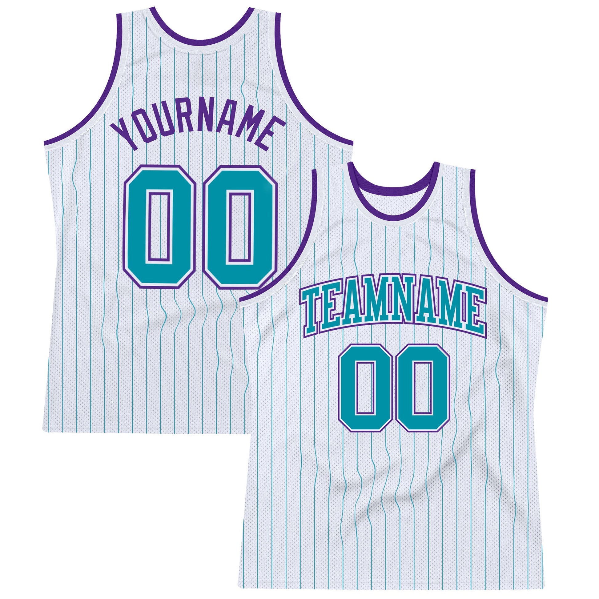 Custom White Teal Pinstripe Teal-Purple Authentic Basketball Jersey - Main View