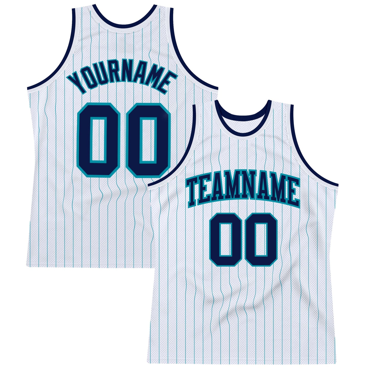 Custom White Teal Pinstripe Navy Authentic Basketball Jersey - Main View