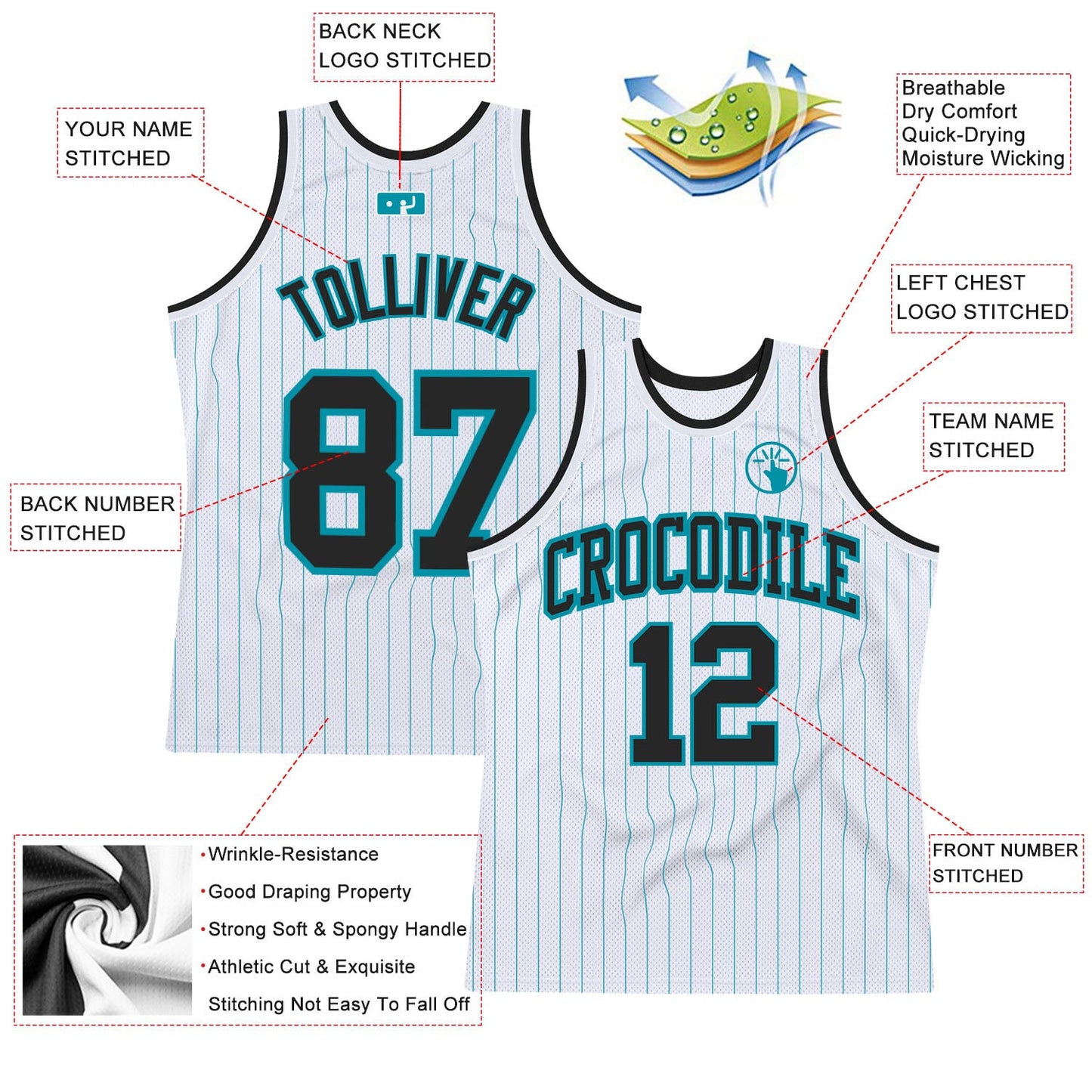 Custom White Teal Pinstripe Black Authentic Basketball Jersey view 2