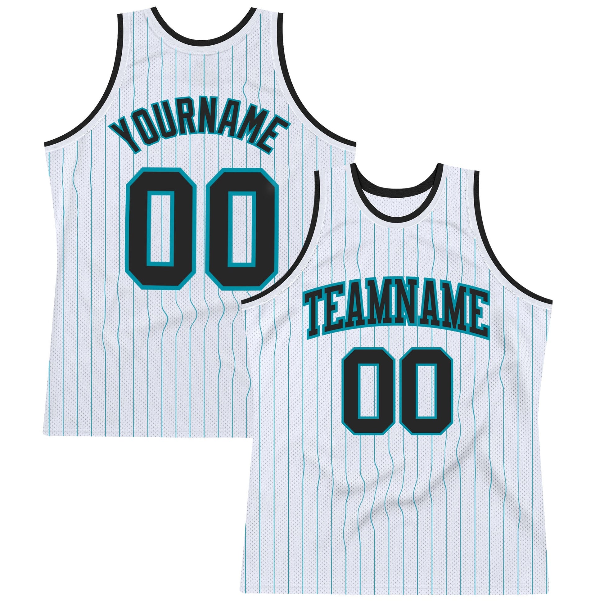 Custom White Teal Pinstripe Black Authentic Basketball Jersey - Main View