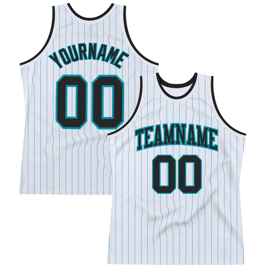 Custom White Teal Pinstripe Black Authentic Basketball Jersey - Main View