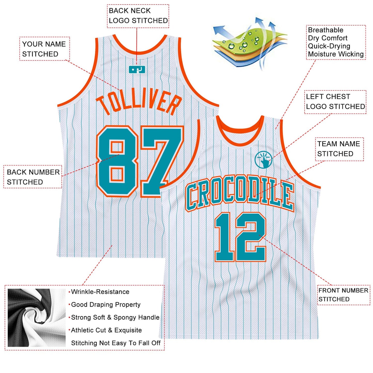 Custom White Teal Pinstripe Teal-Orange Authentic Basketball Jersey view 2