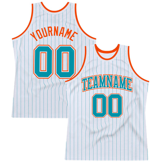 Custom White Teal Pinstripe Teal-Orange Authentic Basketball Jersey - Main View