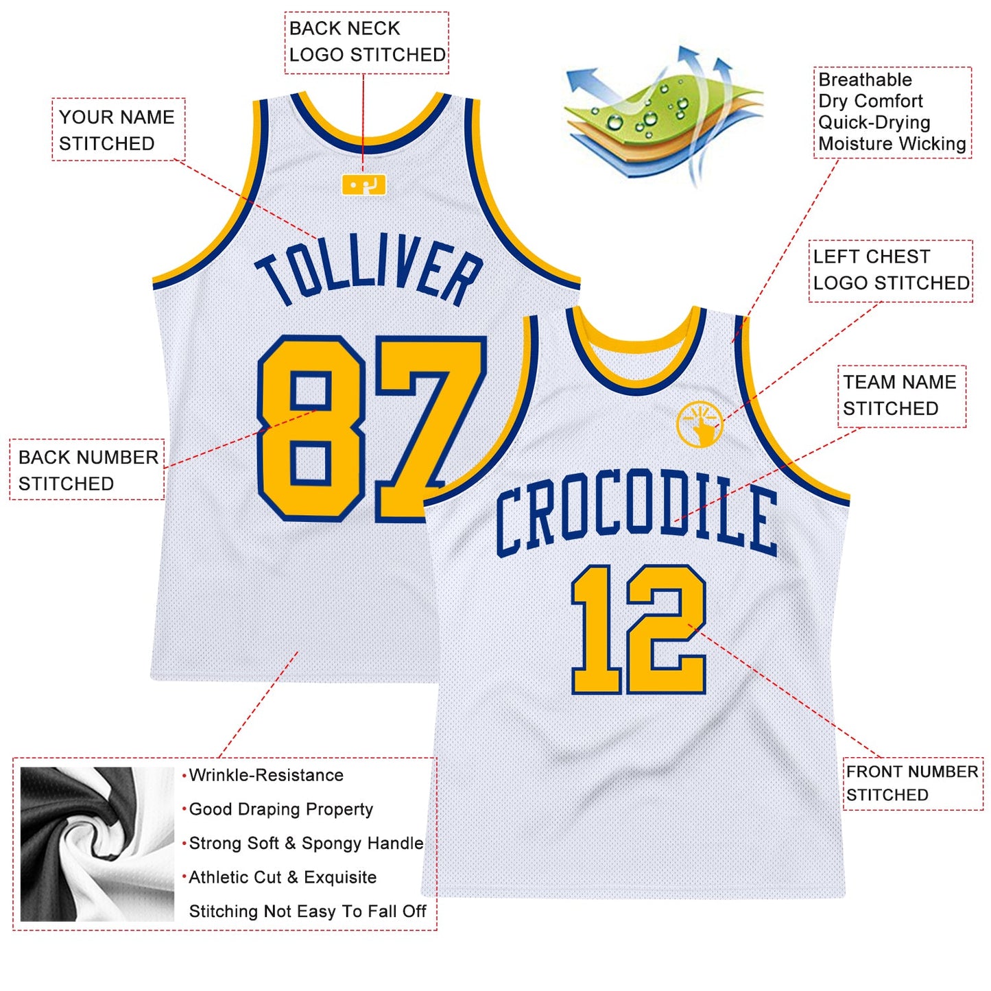Custom White Gold-Royal Authentic Throwback Basketball Jersey view 2