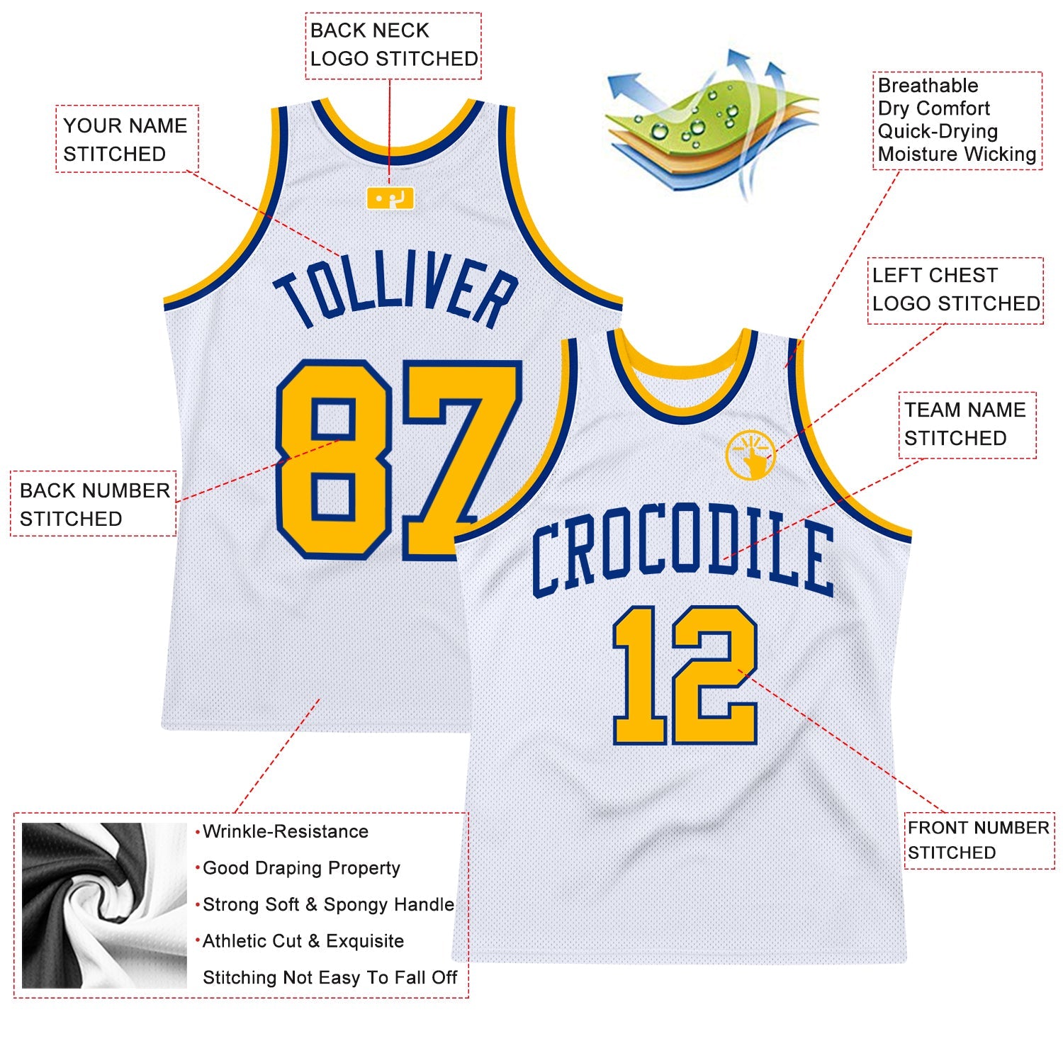 Custom White Gold-Royal Authentic Throwback Basketball Jersey view 2