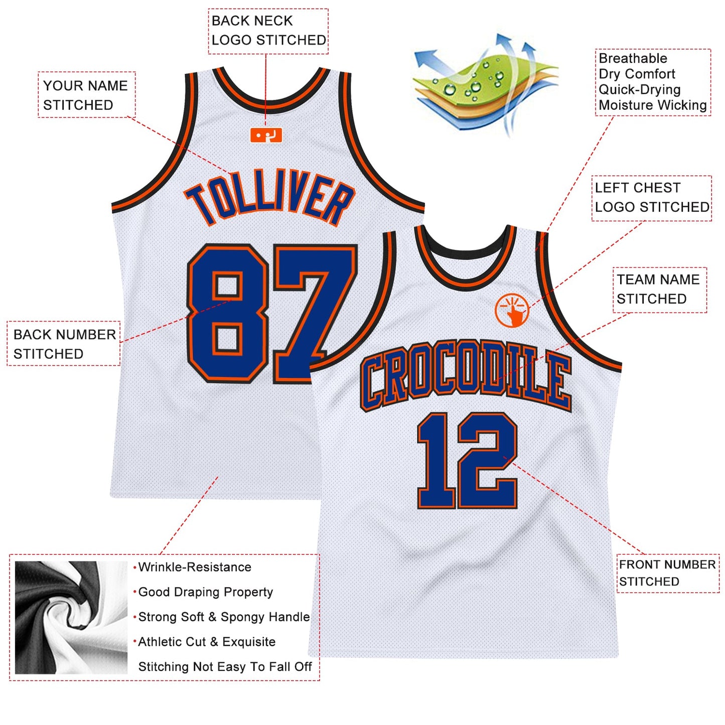 Custom White Royal Orange-Black Authentic Throwback Basketball Jersey view 2