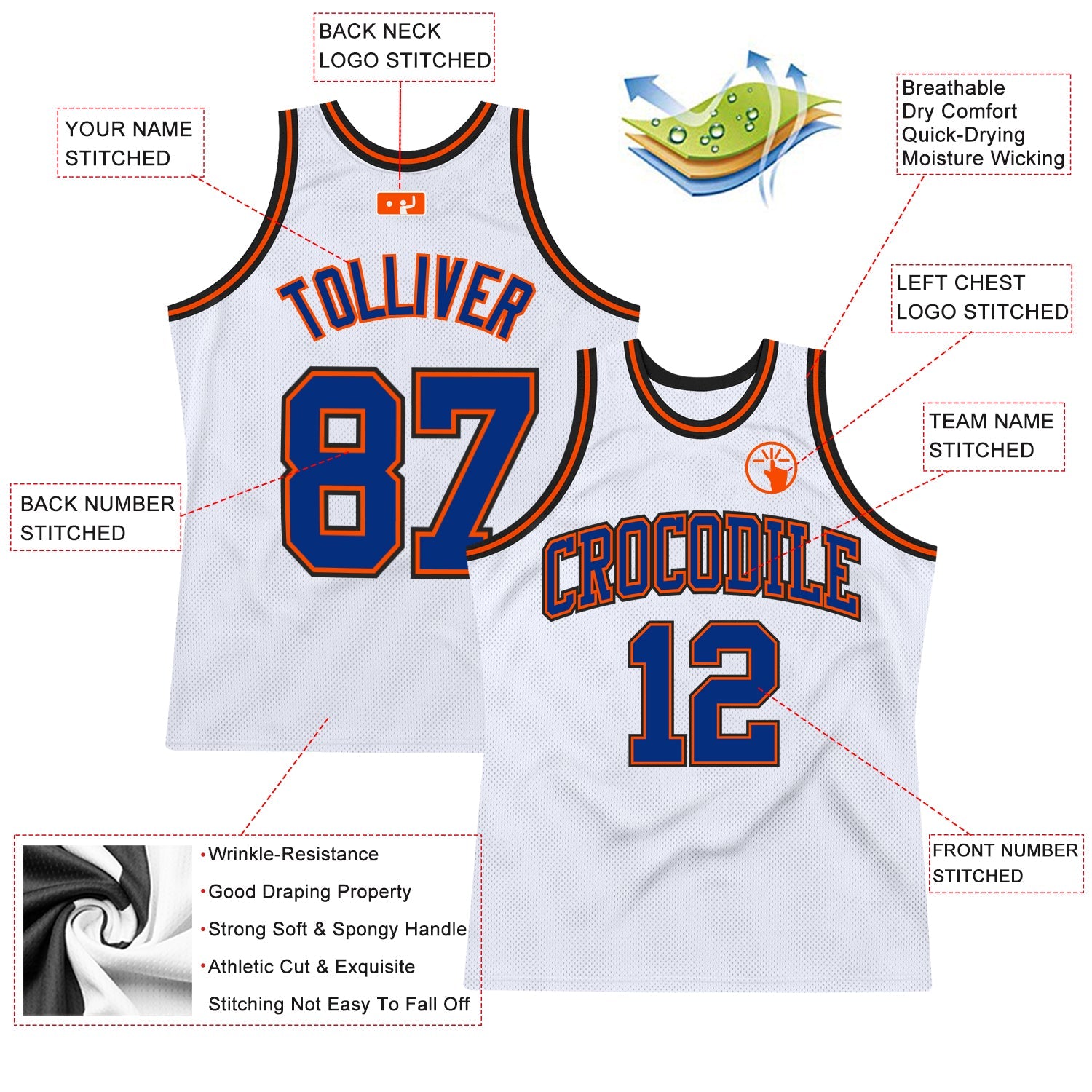 Custom White Royal Orange-Black Authentic Throwback Basketball Jersey view 2